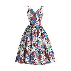 Vintage 1950s Tropical Blooms Cotton Dress