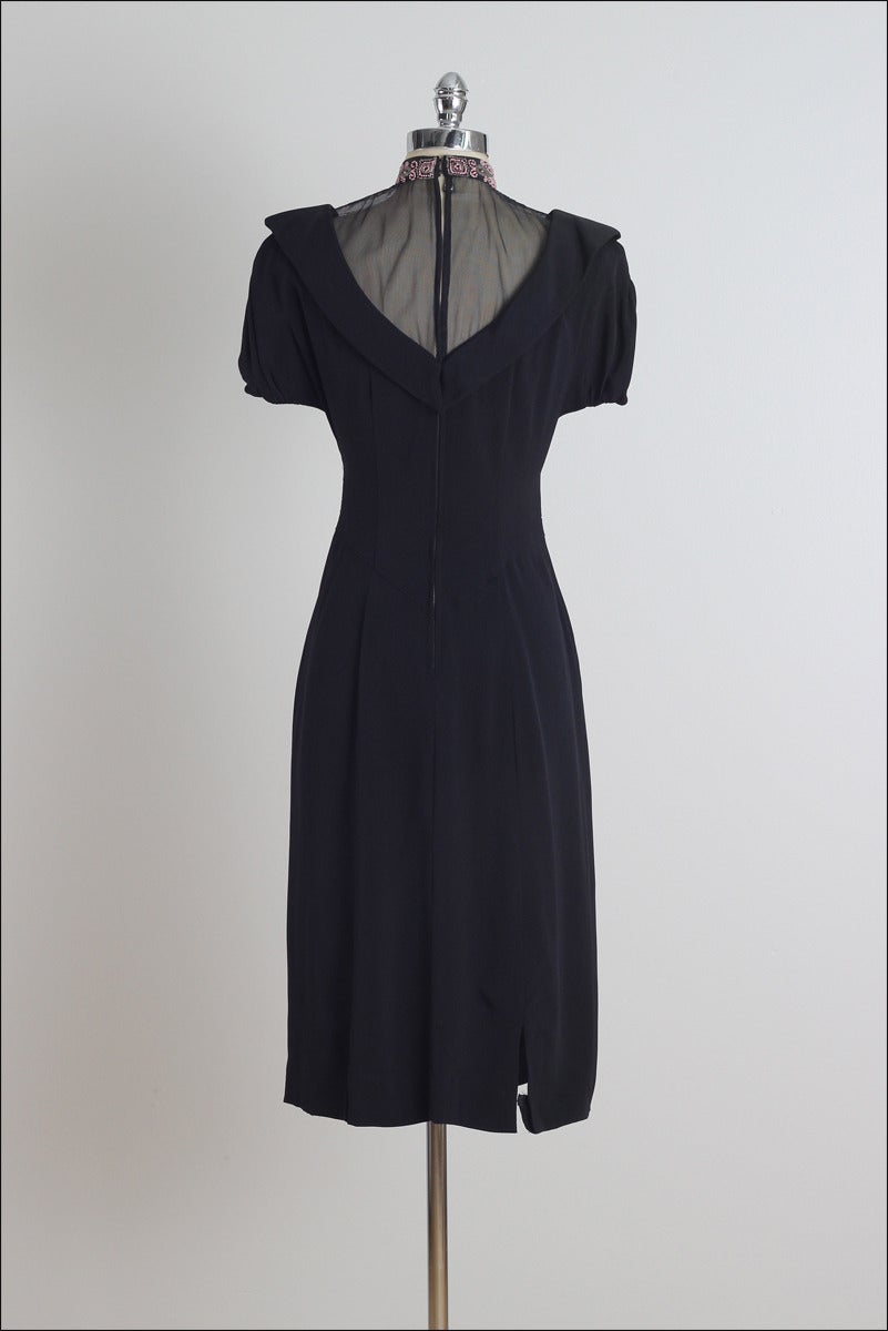 Vintage 1940s Black Pink Beaded Illusion Dress 3