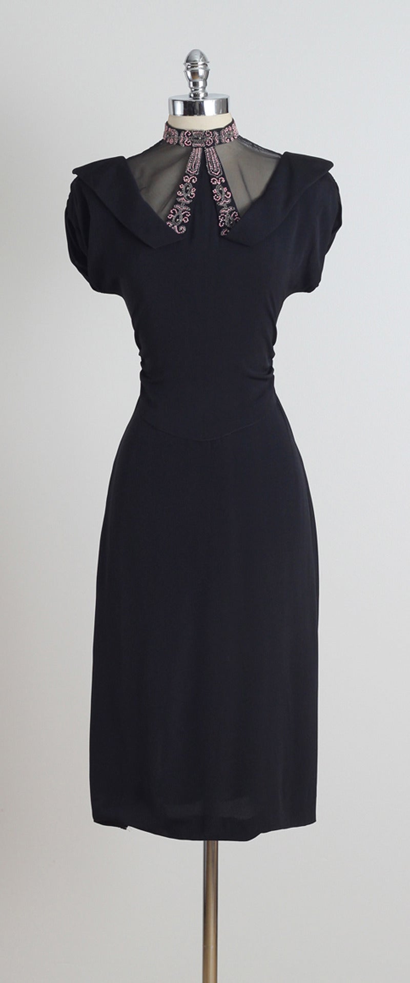 Vintage 1940s Black Pink Beaded Illusion Dress 4