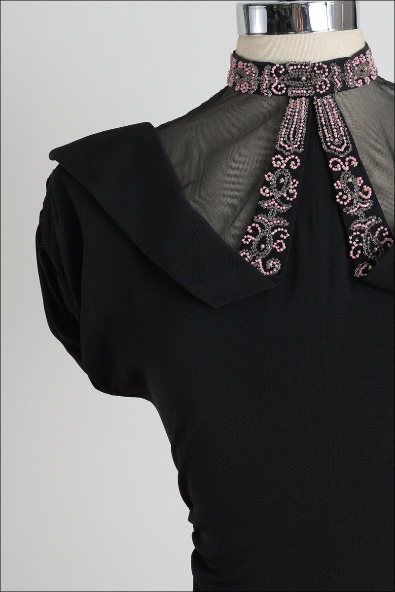 Vintage 1940s Black Pink Beaded Illusion Dress In Excellent Condition In Hudson on the Saint Croix, WI