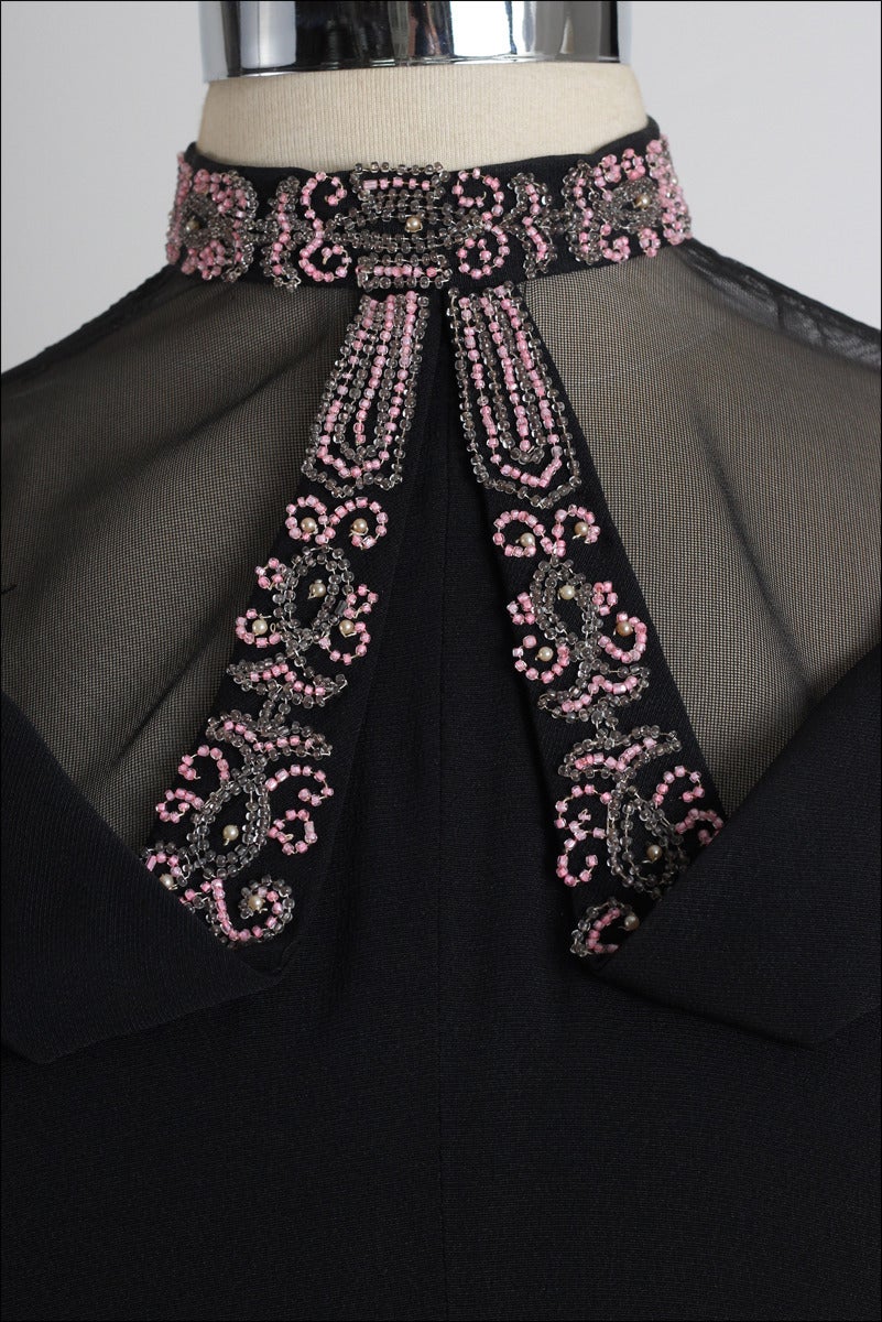 Women's Vintage 1940s Black Pink Beaded Illusion Dress