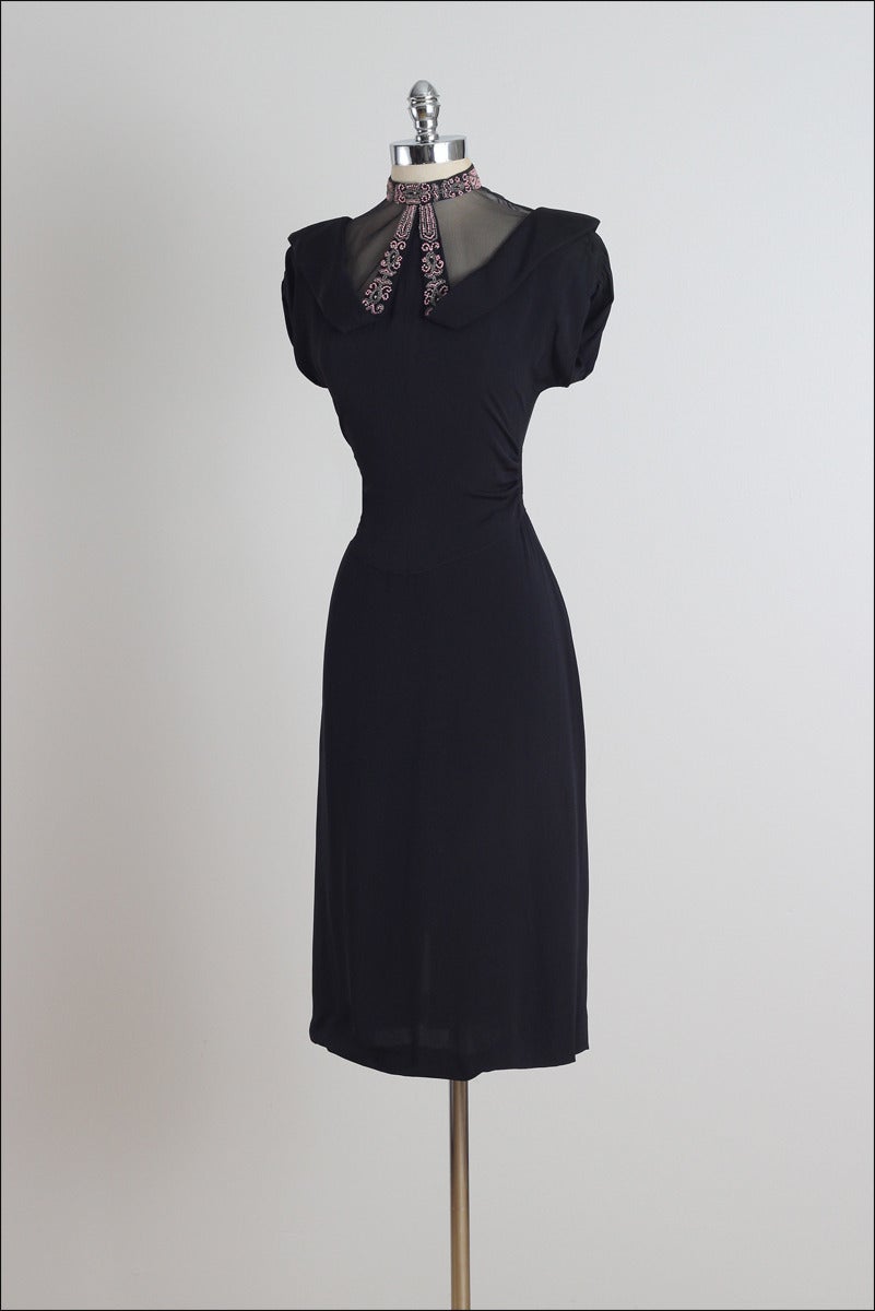 Vintage 1940s Black Pink Beaded Illusion Dress 1