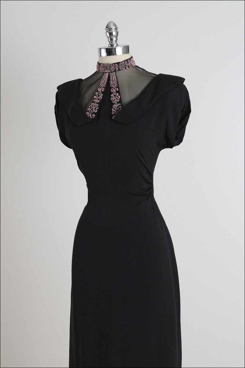 Vintage 1940s Black Pink Beaded Illusion Dress 2