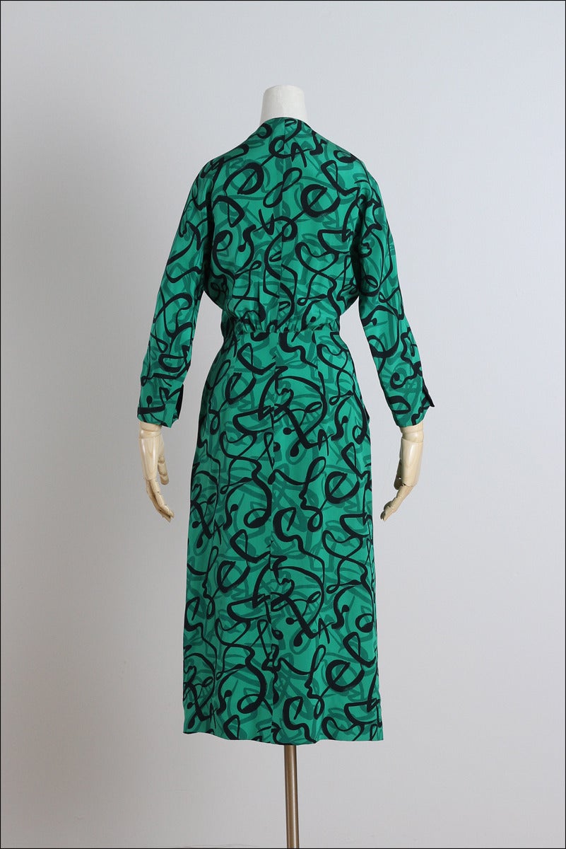 Vintage 1940s Green Abstract Print Silk Dress 3