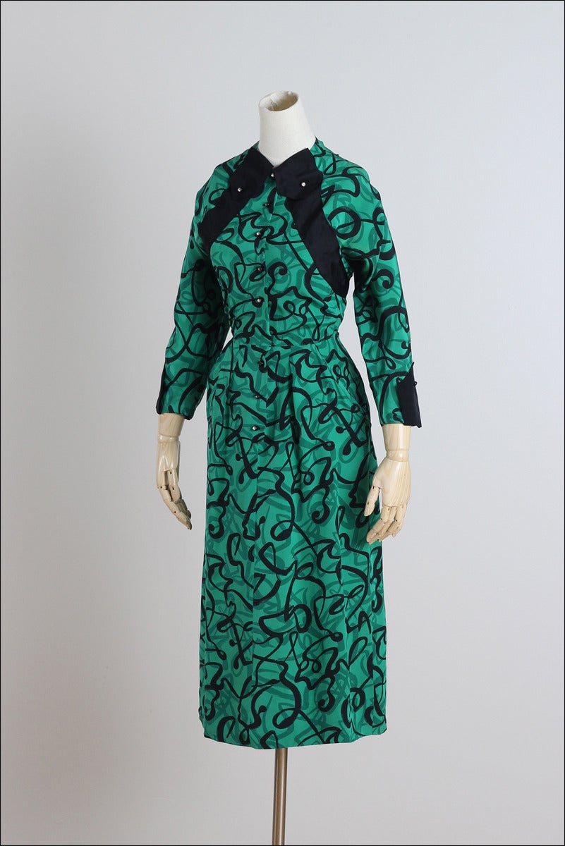 Vintage 1940s Green Abstract Print Silk Dress 1