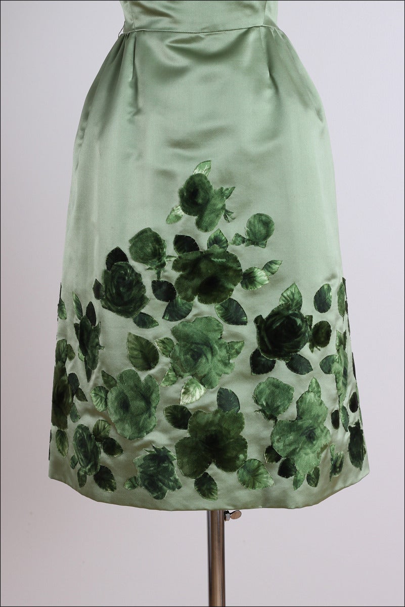 Vintage 1960s Harvey Berin Green Floral Silk Velvet Party Dress 1