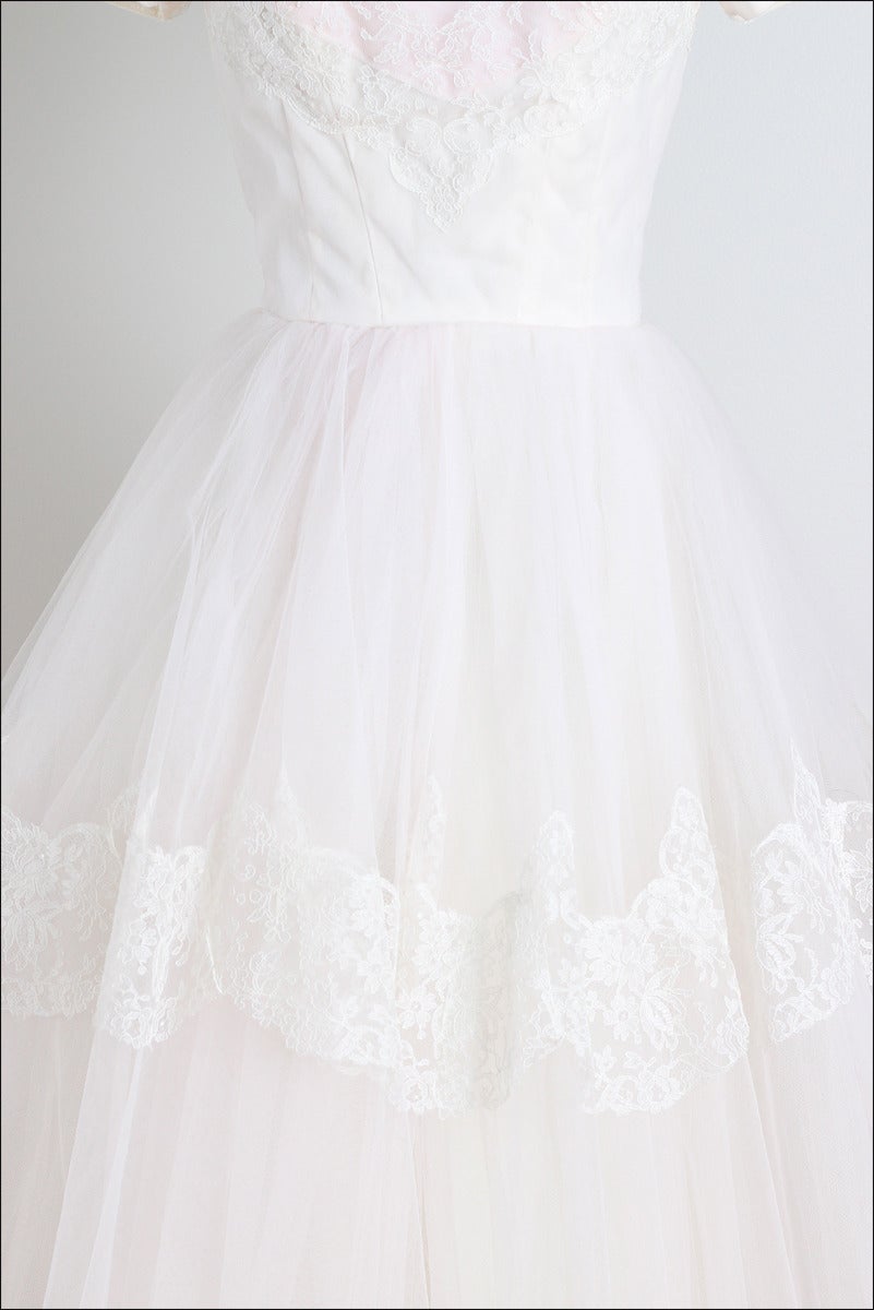 Vintage 1950s White Blush Tulle & Lace Wedding Dress 1
