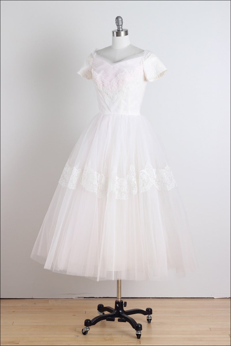 Vintage 1950s White Blush Tulle and Lace Wedding Dress at 1stDibs