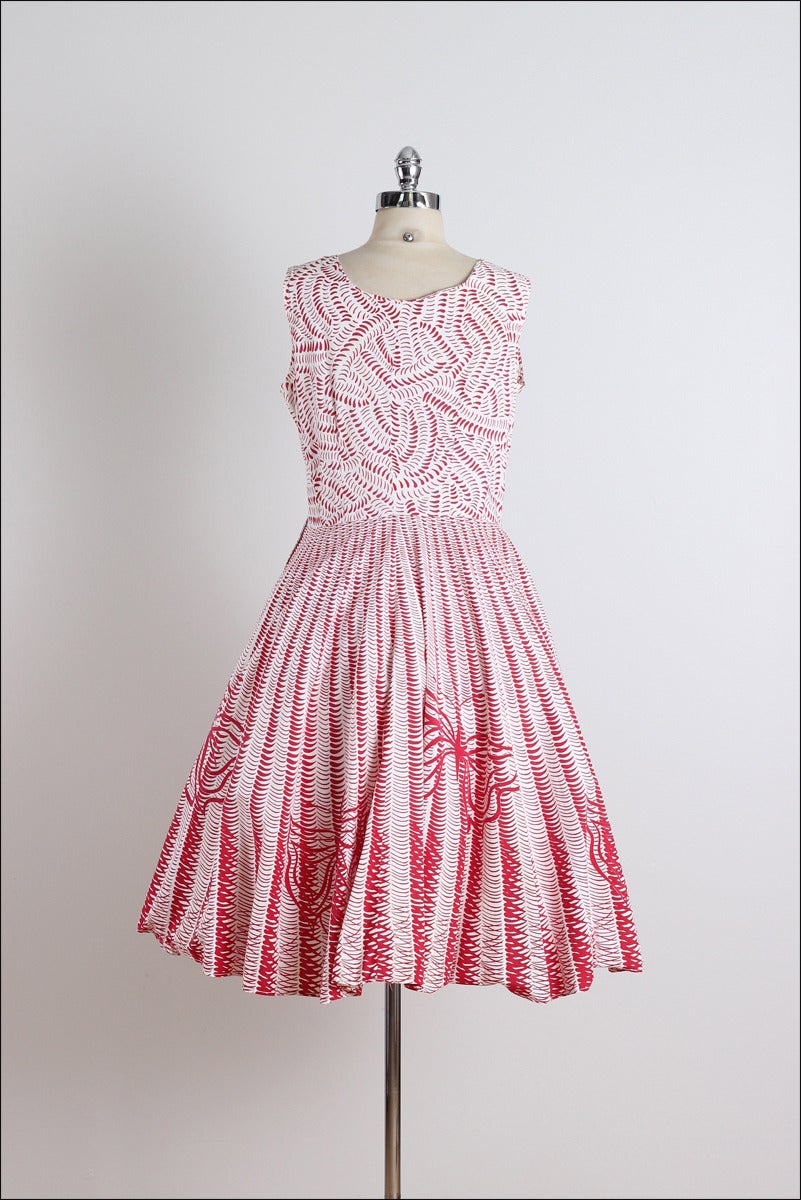 Vintage 1950s Red Butterfly Cotton Dress 5