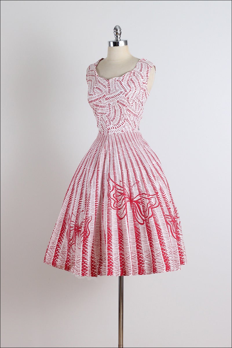 Vintage 1950s Red Butterfly Cotton Dress 3