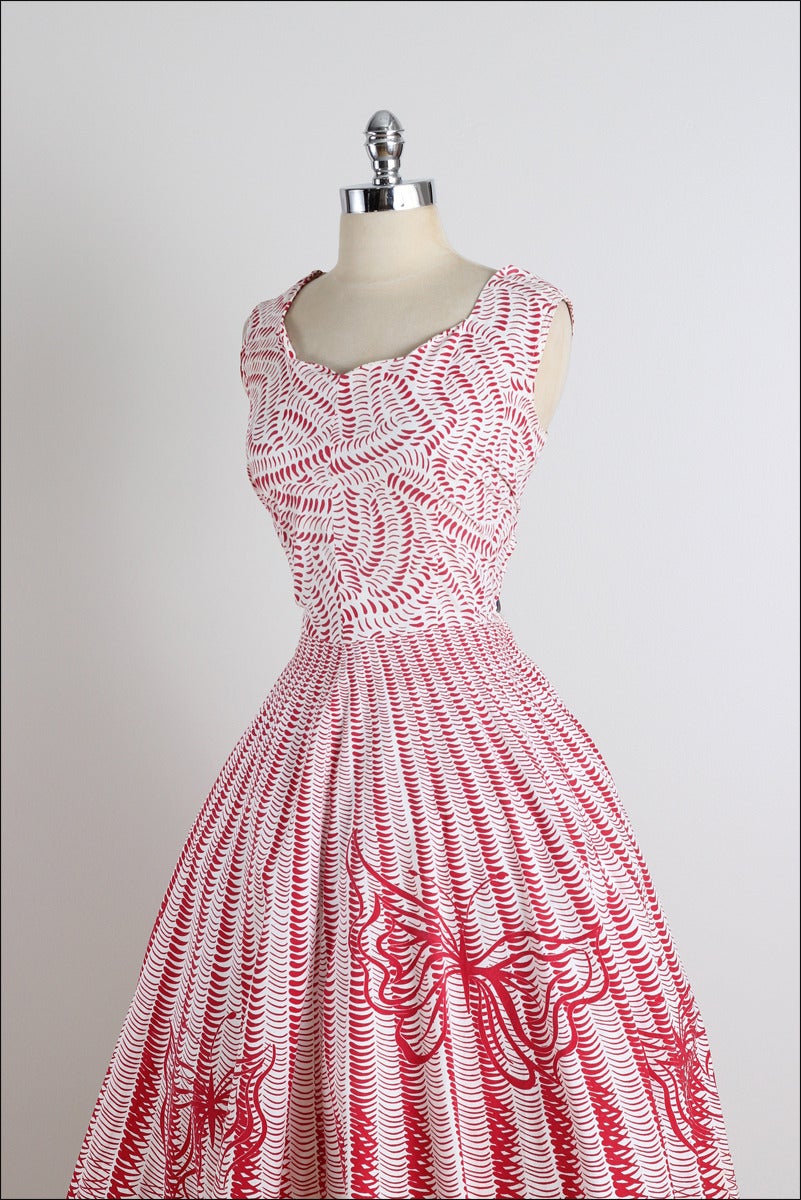 Vintage 1950s Red Butterfly Cotton Dress 4