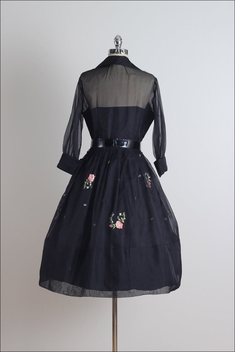 Vintage 1950s Black Floral Embroidered Organza Cocktail Dress 3