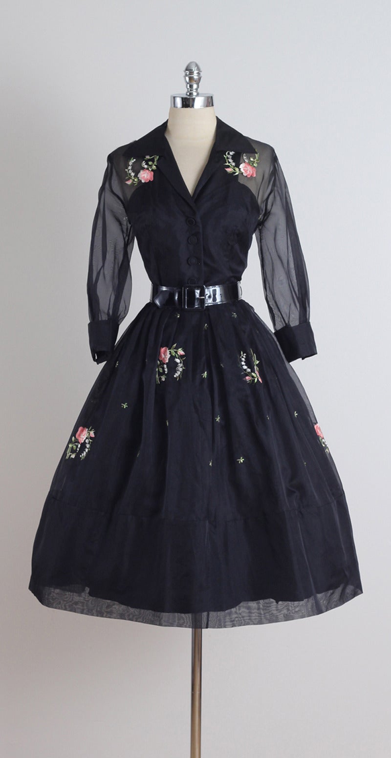 Vintage 1950s Black Floral Embroidered Organza Cocktail Dress 4