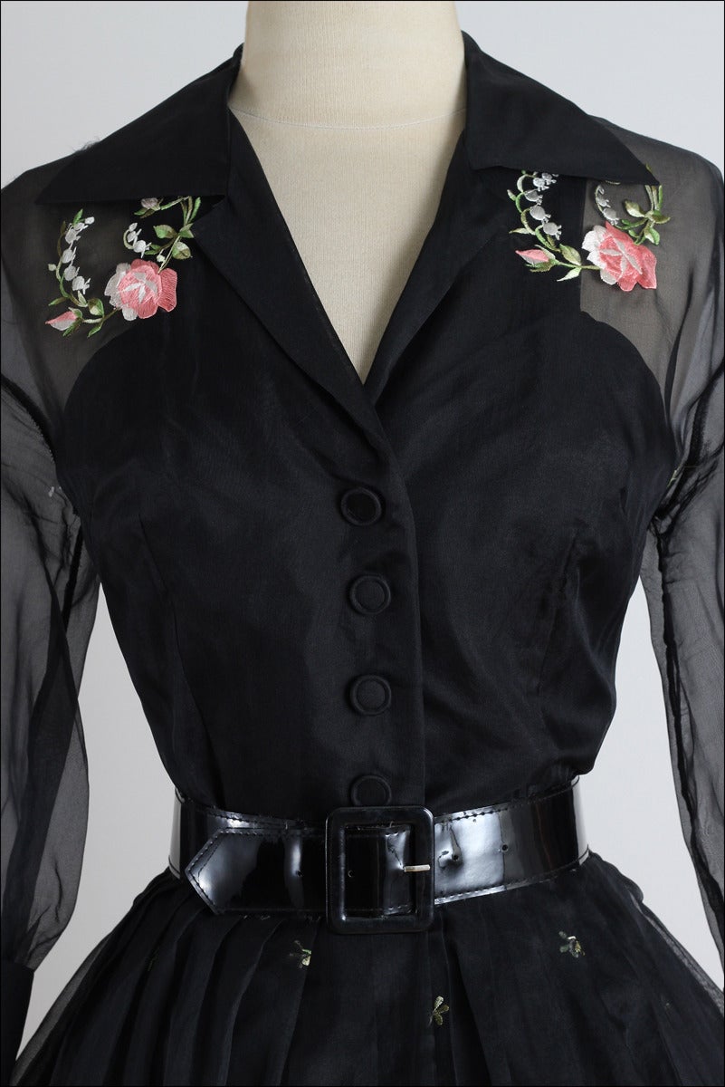 Vintage 1950s Black Floral Embroidered Organza Cocktail Dress In Excellent Condition In Hudson on the Saint Croix, WI