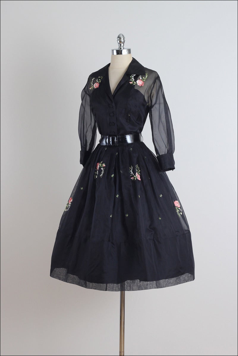 Vintage 1950s Black Floral Embroidered Organza Cocktail Dress 1