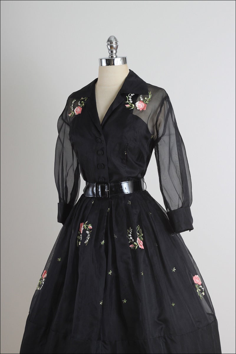 Vintage 1950s Black Floral Embroidered Organza Cocktail Dress 2