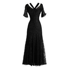 Vintage 1940's Black Chantilly Lace Illusion Bodice Dress