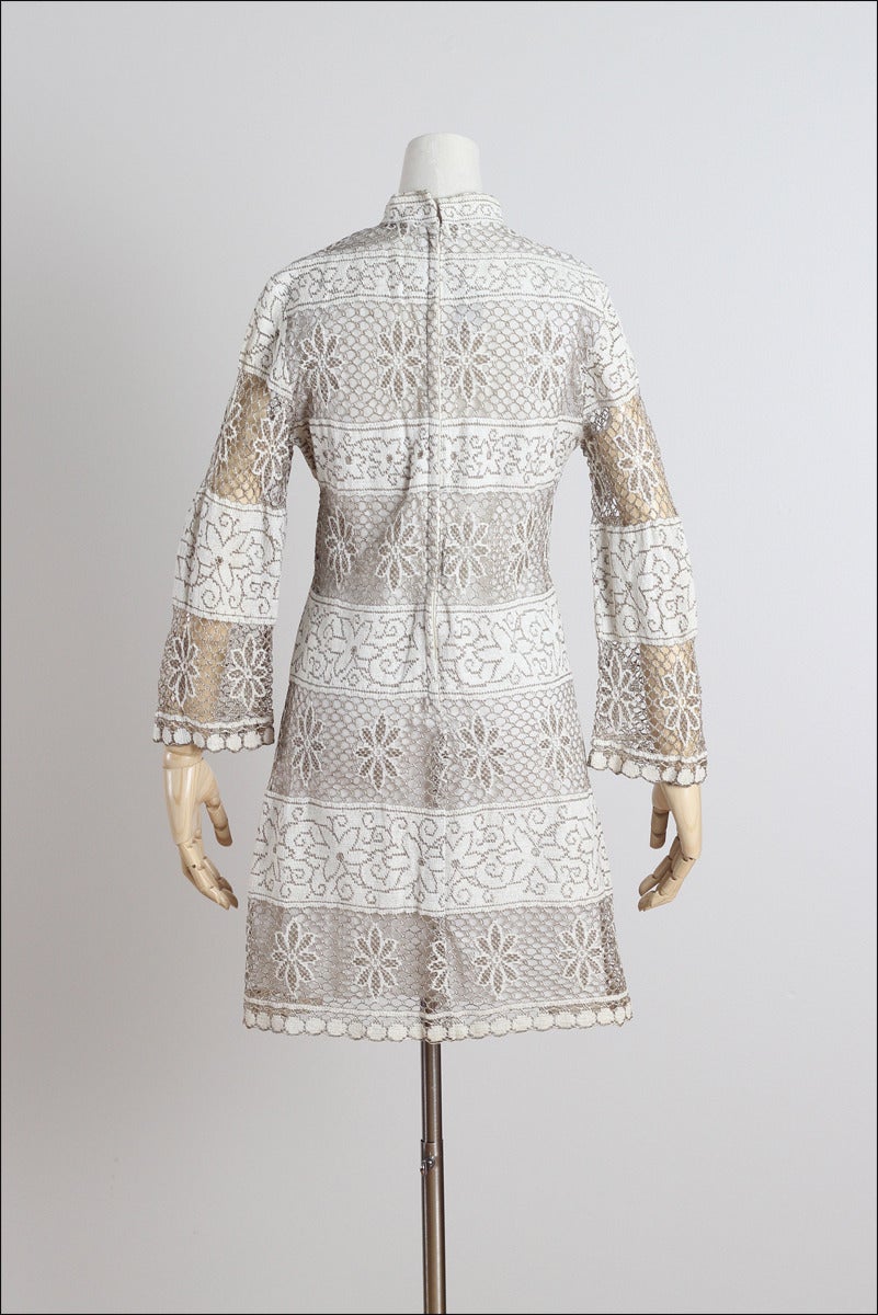 Vintage 1960s Cream Floral Macrame Cotton Formal Dress For Sale 4