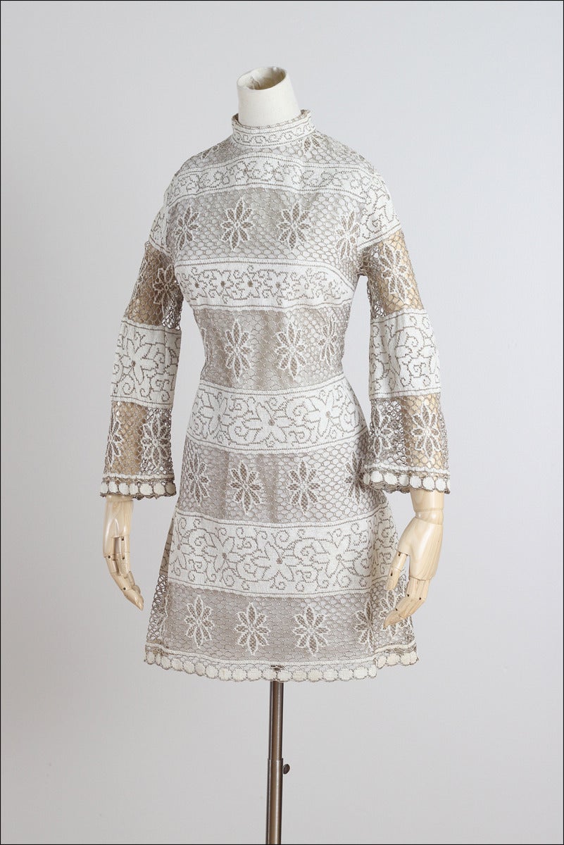 Vintage 1960s Cream Floral Macrame Cotton Formal Dress For Sale 2