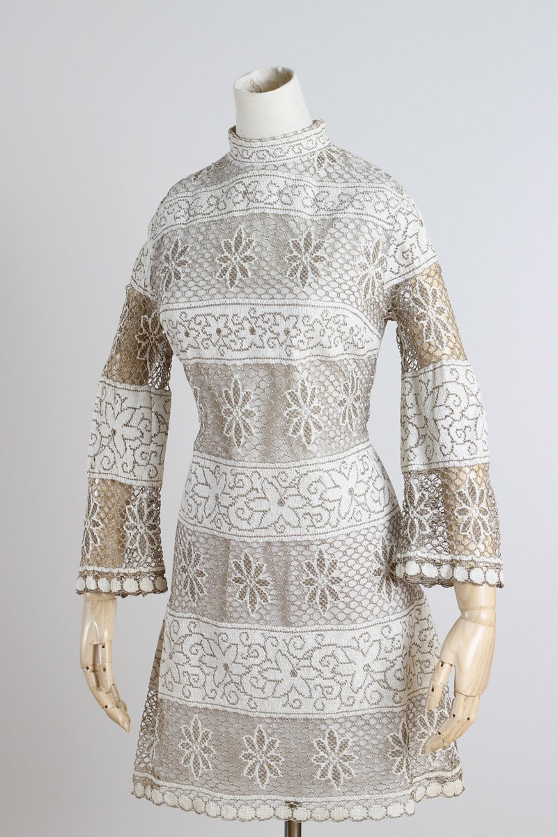 Vintage 1960s Cream Floral Macrame Cotton Formal Dress For Sale 3