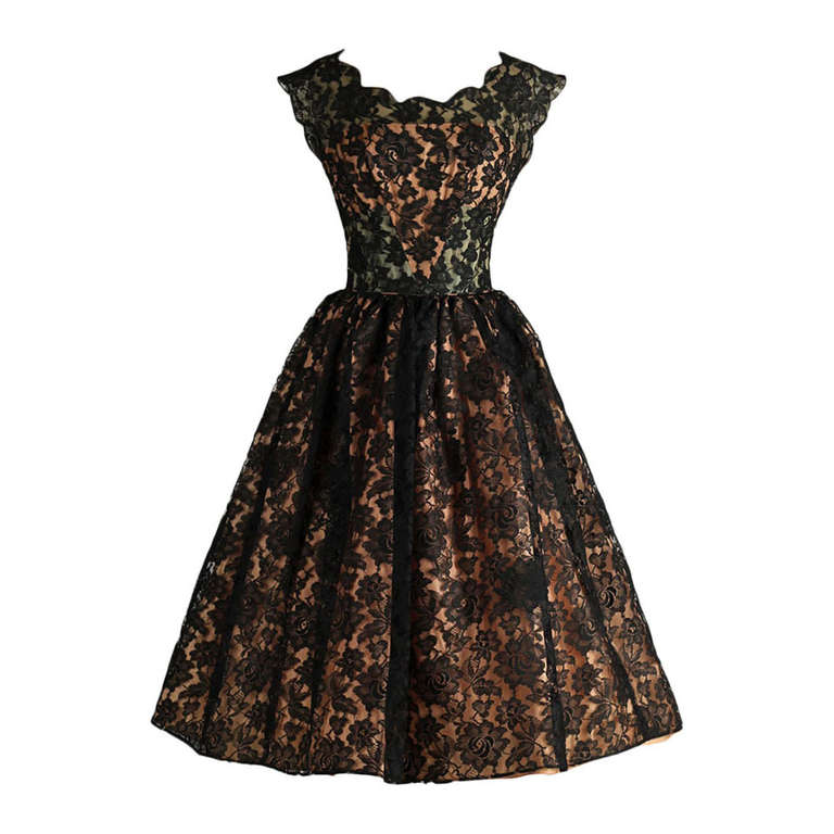 Vintage 1950's Black Lace Illusion Dress
