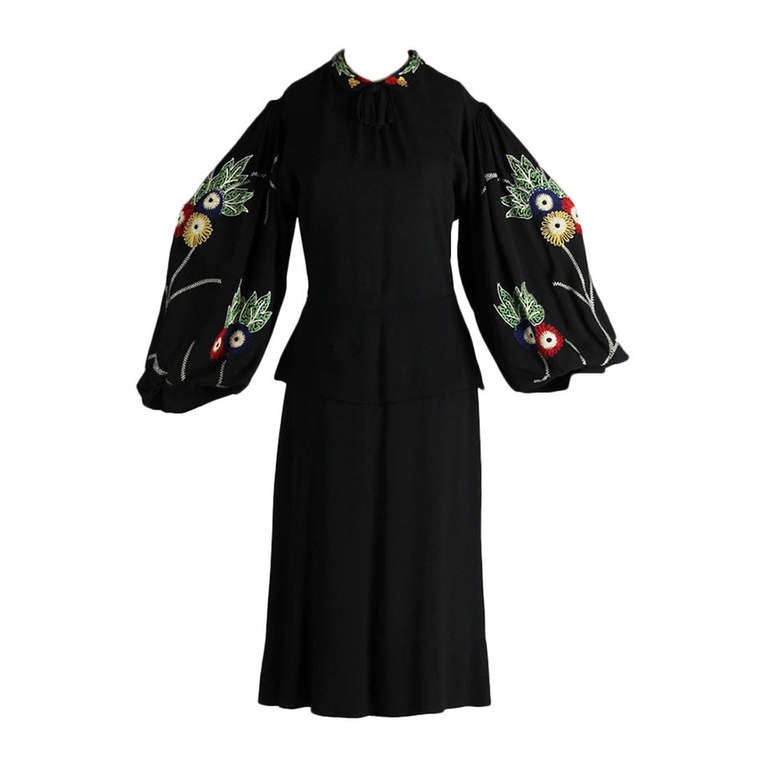 Vintage 1940's Black Embroidered Dramatic Sleeve Dress