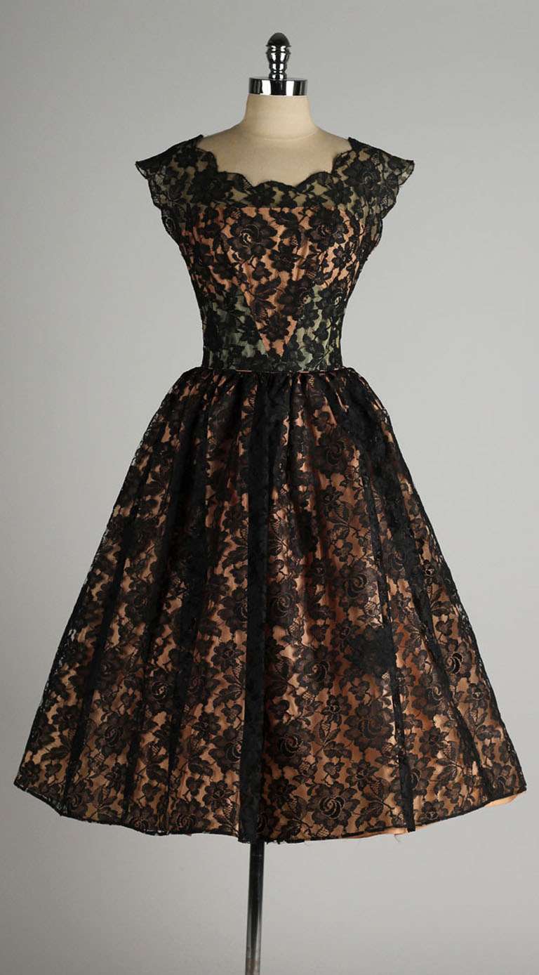 Vintage 1950's Black Lace Illusion Dress 2