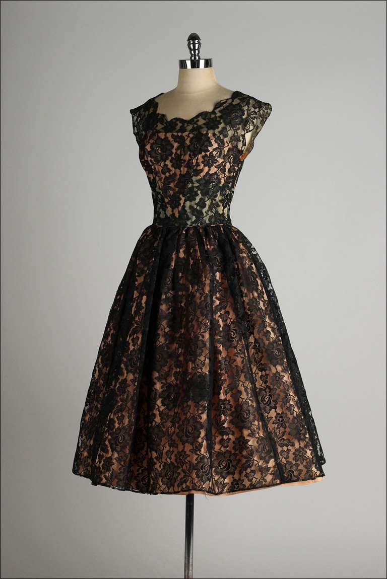 Vintage 1950's Black Lace Illusion Dress at 1stDibs