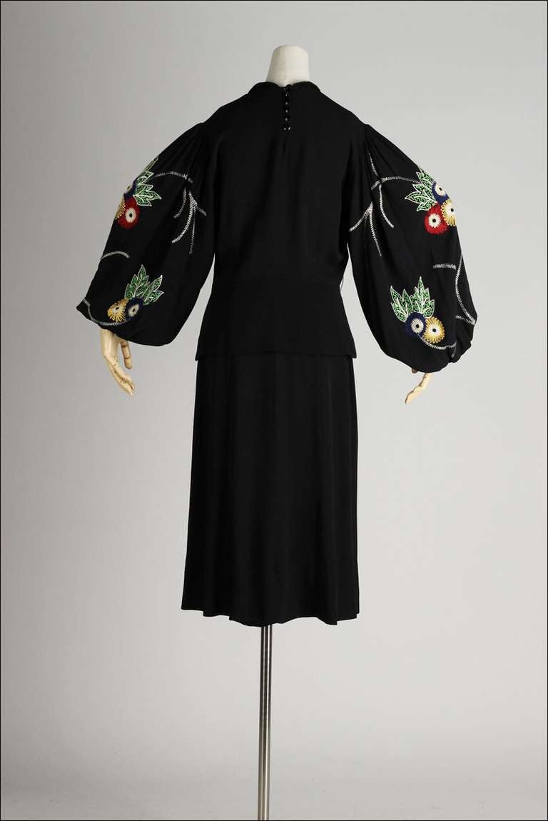 Vintage 1940's Black Embroidered Dramatic Sleeve Dress 2