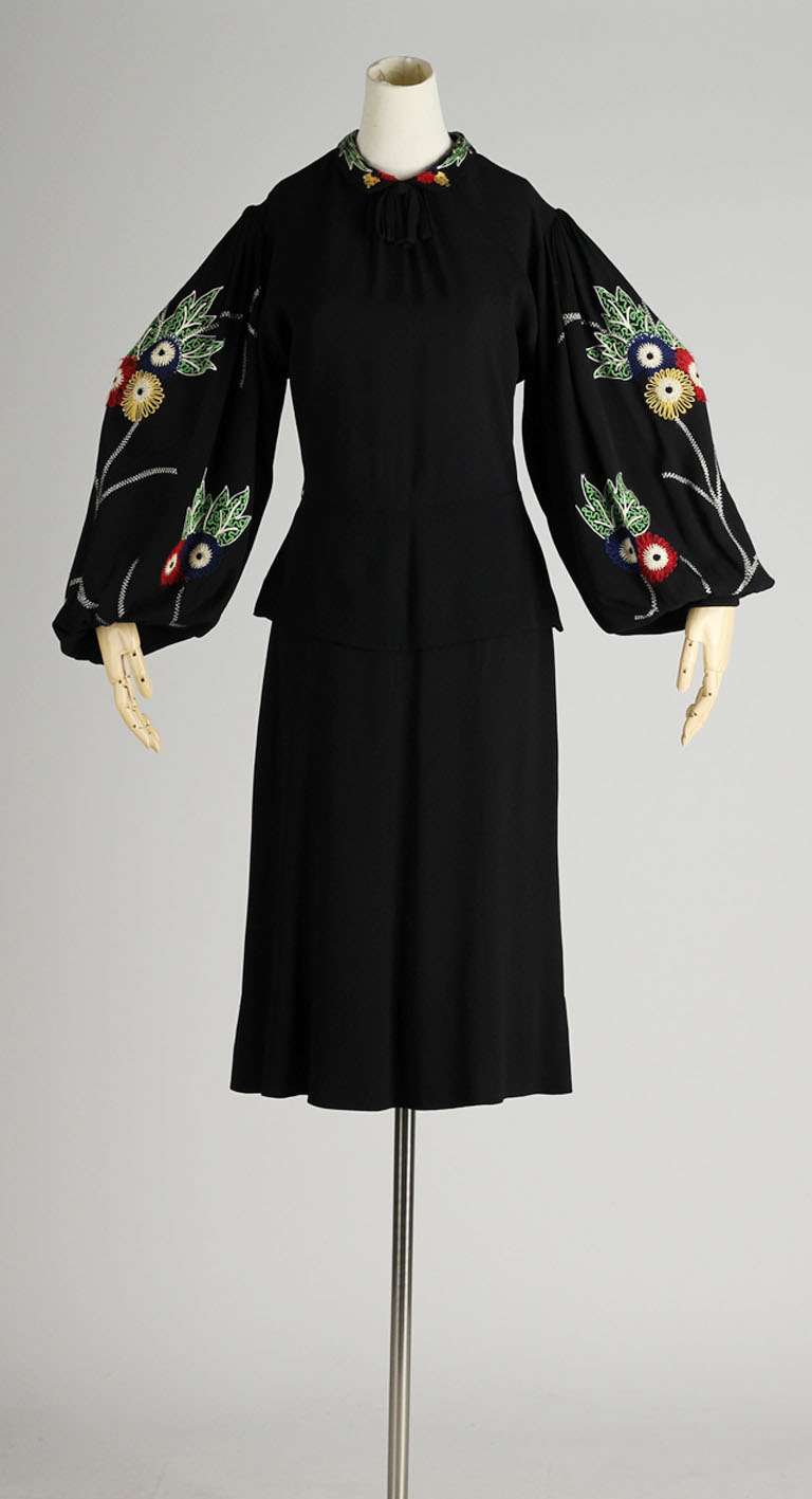 Vintage 1940's Black Embroidered Dramatic Sleeve Dress 3