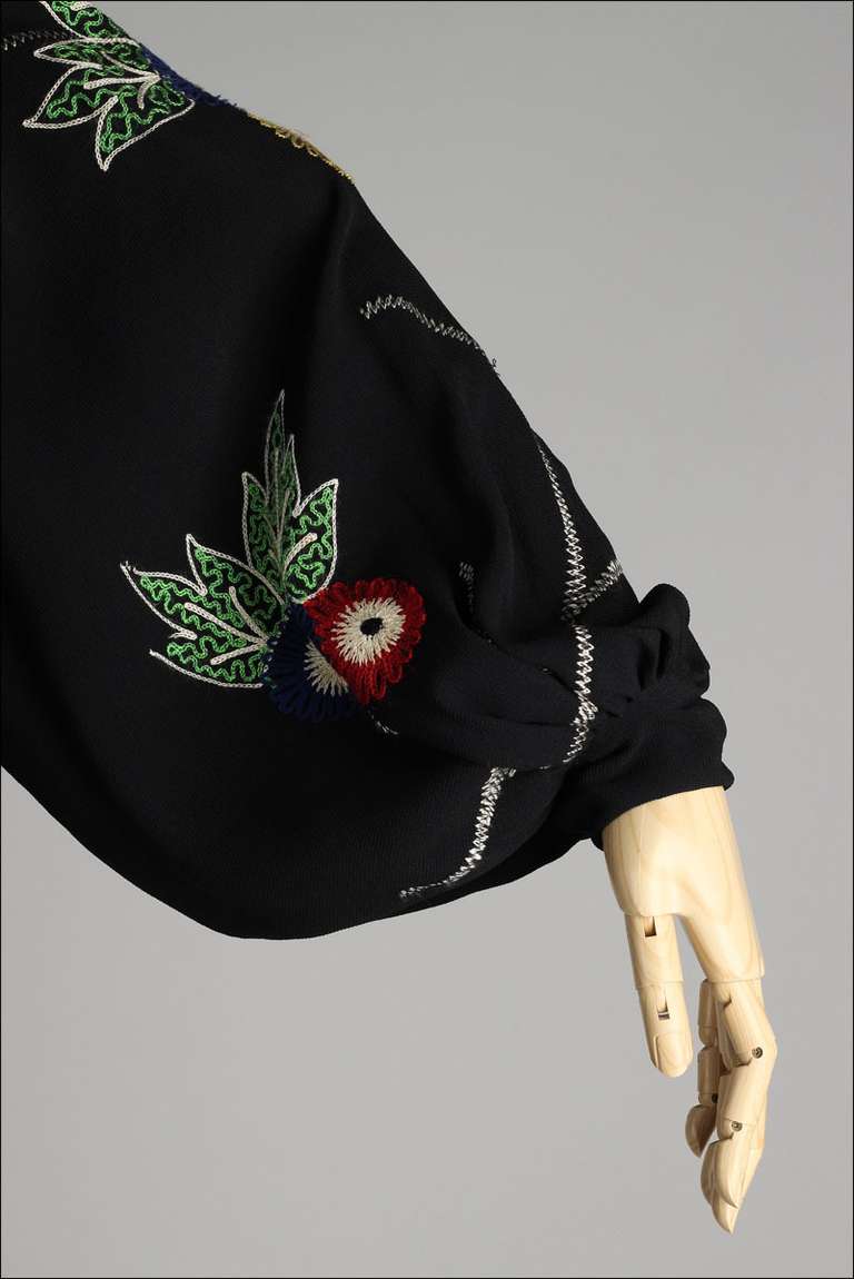 Vintage 1940's Black Embroidered Dramatic Sleeve Dress 1