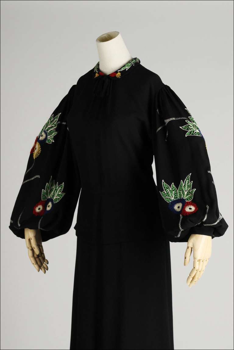 Women's Vintage 1940's Black Embroidered Dramatic Sleeve Dress