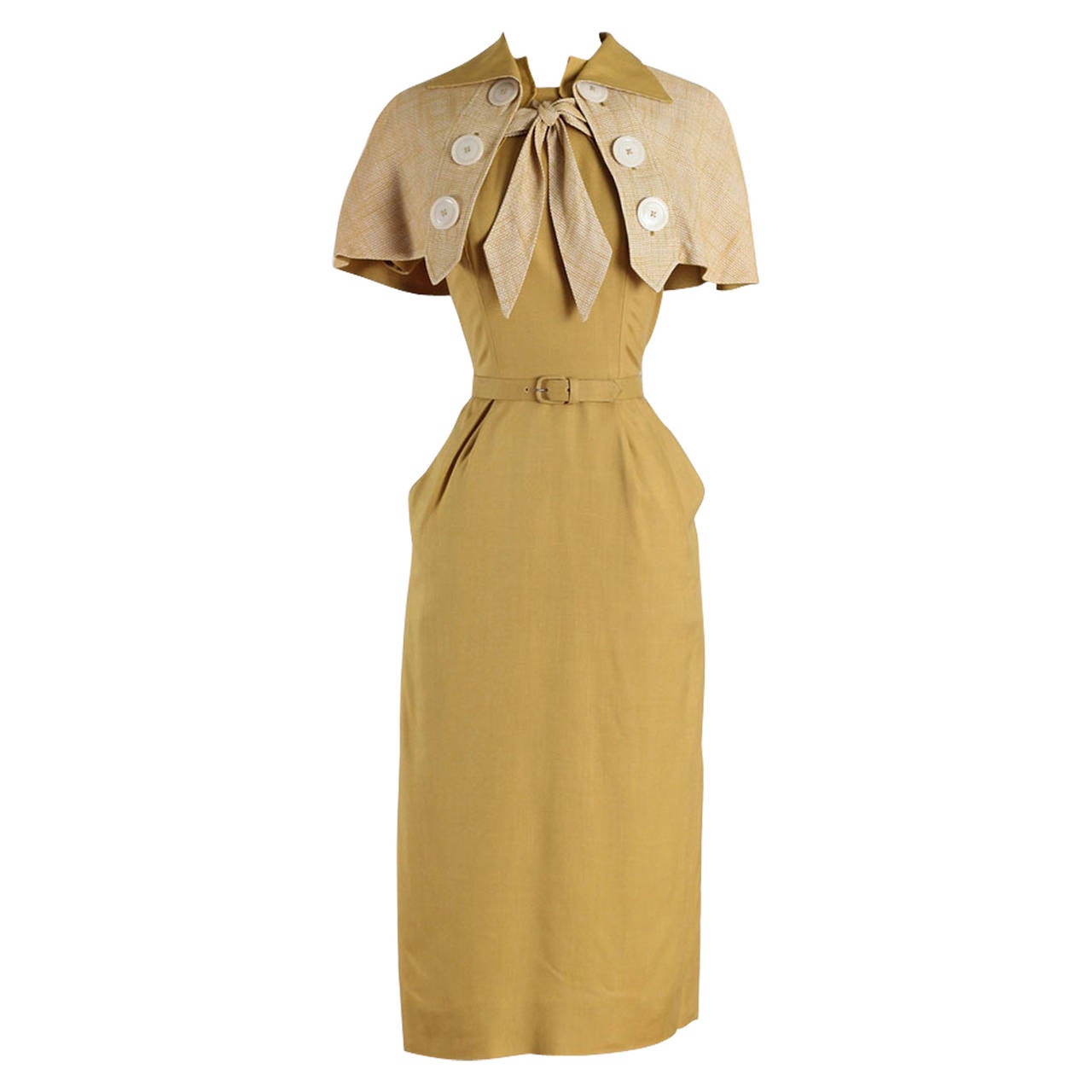 Vintage 1940s Paul Sachs Mustard Yellow Cotton Linen Dress & Shawl
