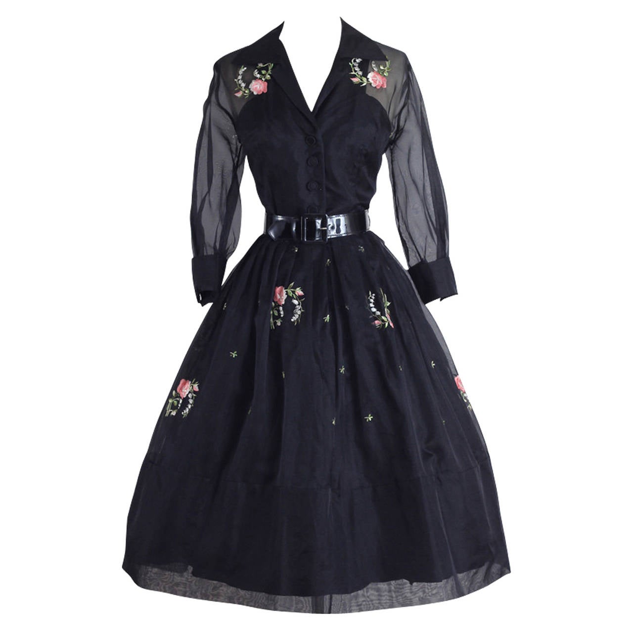 Vintage 1950s Black Floral Embroidered Organza Cocktail Dress