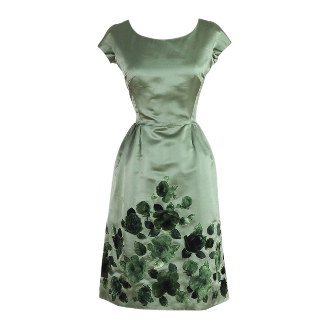 Vintage 1960s Harvey Berin Green Floral Silk Velvet Party Dress