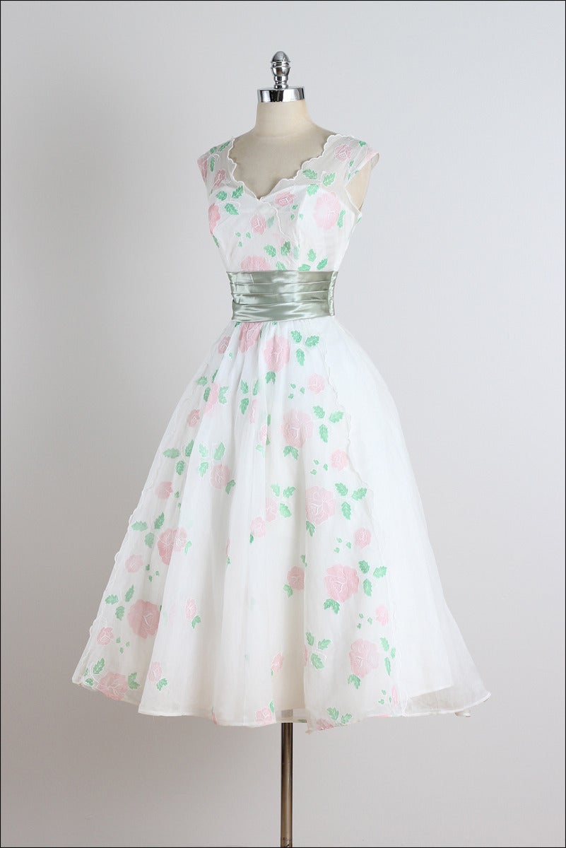 Vintage 1950s White Rose Organza Cocktail Dress 1