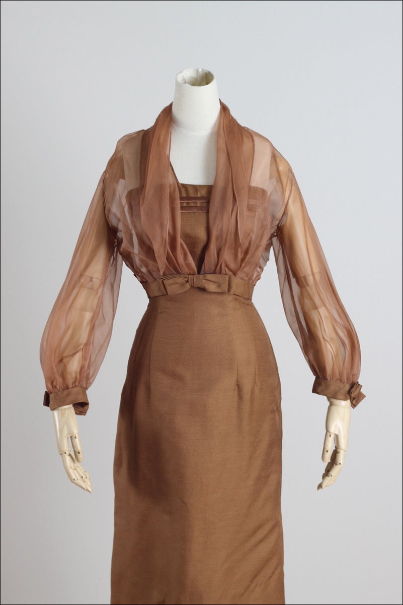Vintage 1950s Bronze Silk Dupioni Dress with Sheer Jacket In Excellent Condition For Sale In Hudson on the Saint Croix, WI