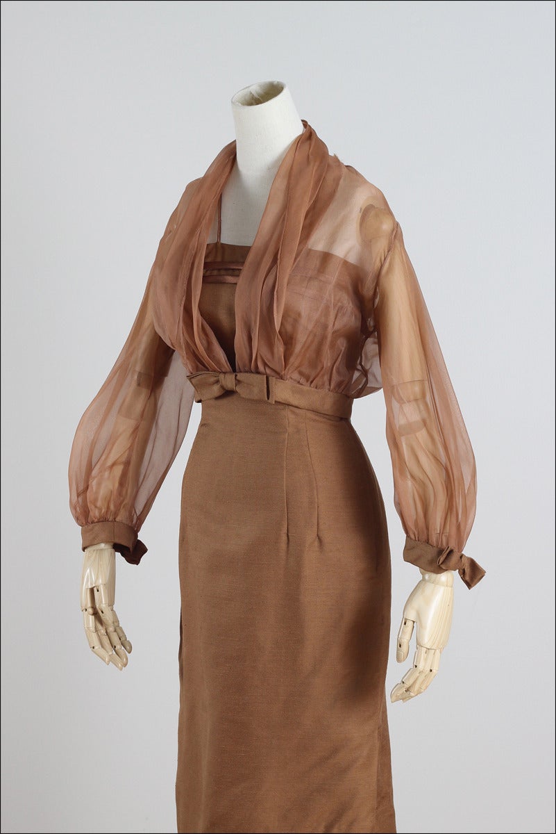Vintage 1950s Bronze Silk Dupioni Dress with Sheer Jacket For Sale 2