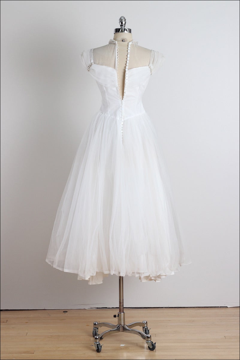 Vintage 1950s White Tulle Beaded Wedding Dress For Sale 2