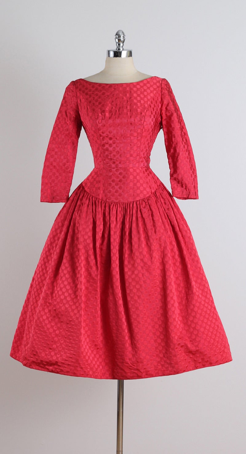 Vintage 1950s Red Dot Taffeta Party Dress For Sale 3