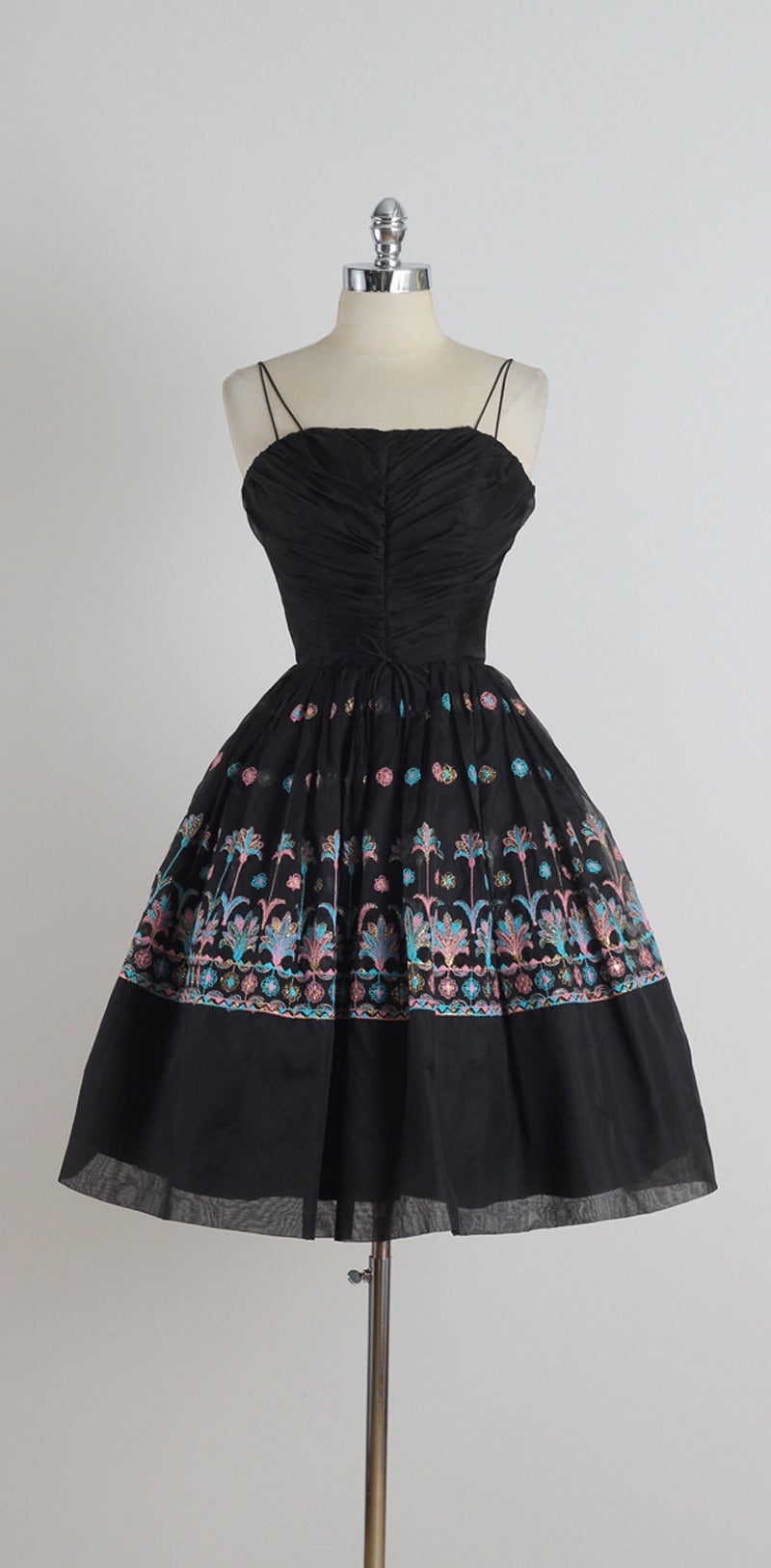 Vintage 1950s Black Embroidered Organza Party Dress For Sale 5