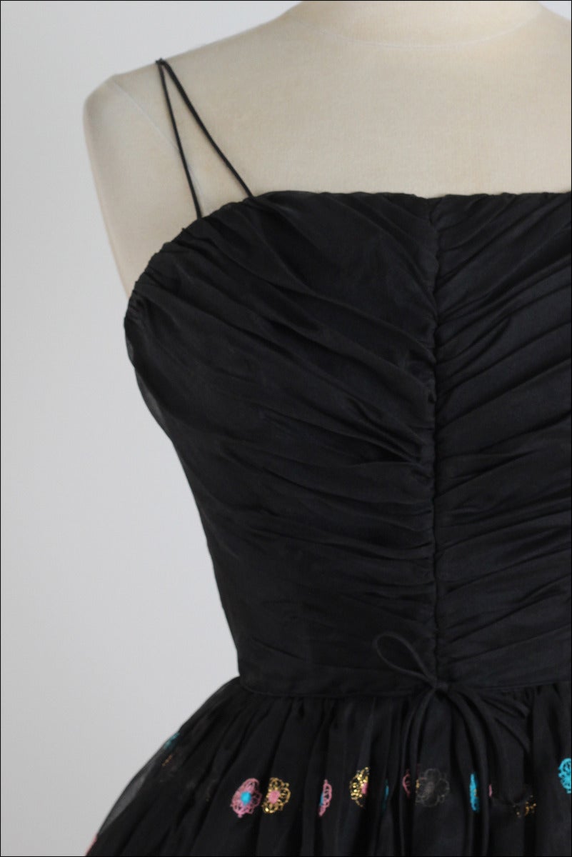 Vintage 1950s Black Embroidered Organza Party Dress In Excellent Condition For Sale In Hudson on the Saint Croix, WI
