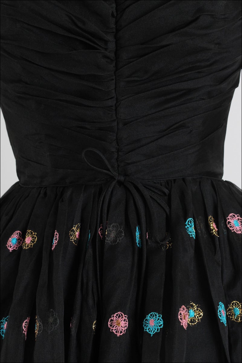 Women's Vintage 1950s Black Embroidered Organza Party Dress For Sale