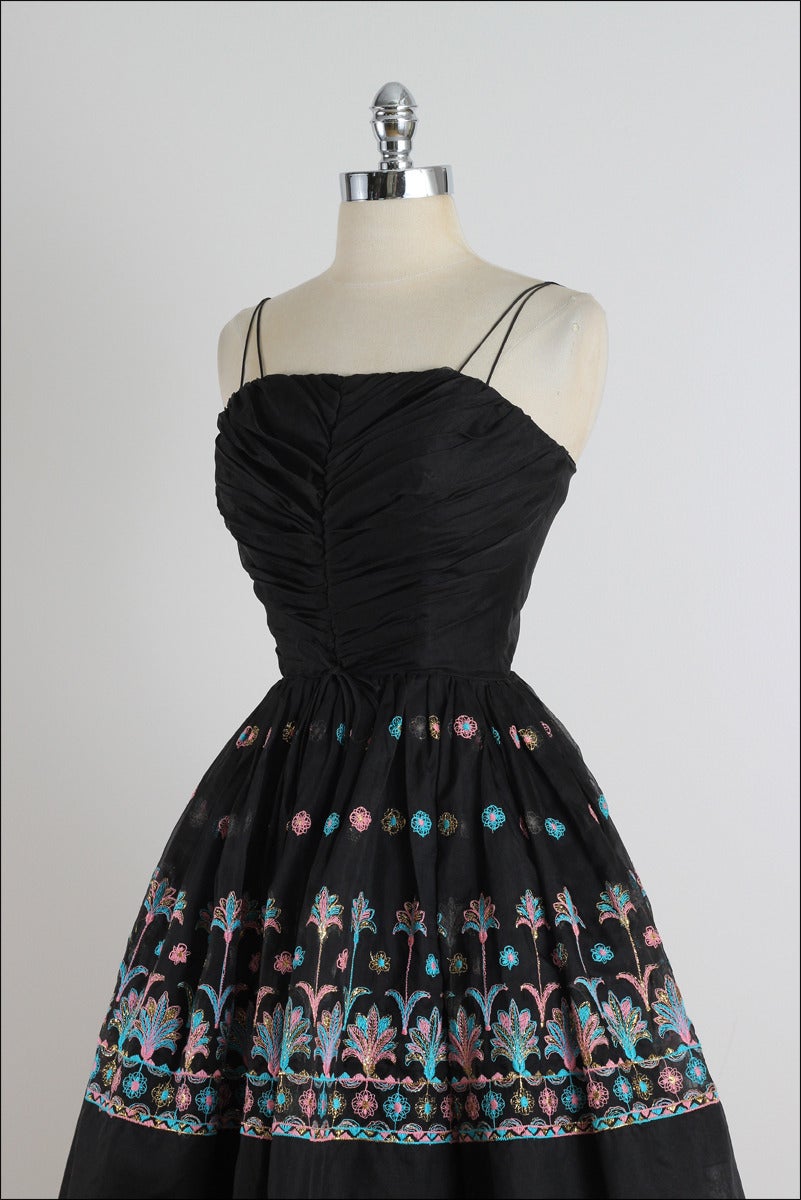 Vintage 1950s Black Embroidered Organza Party Dress For Sale 3