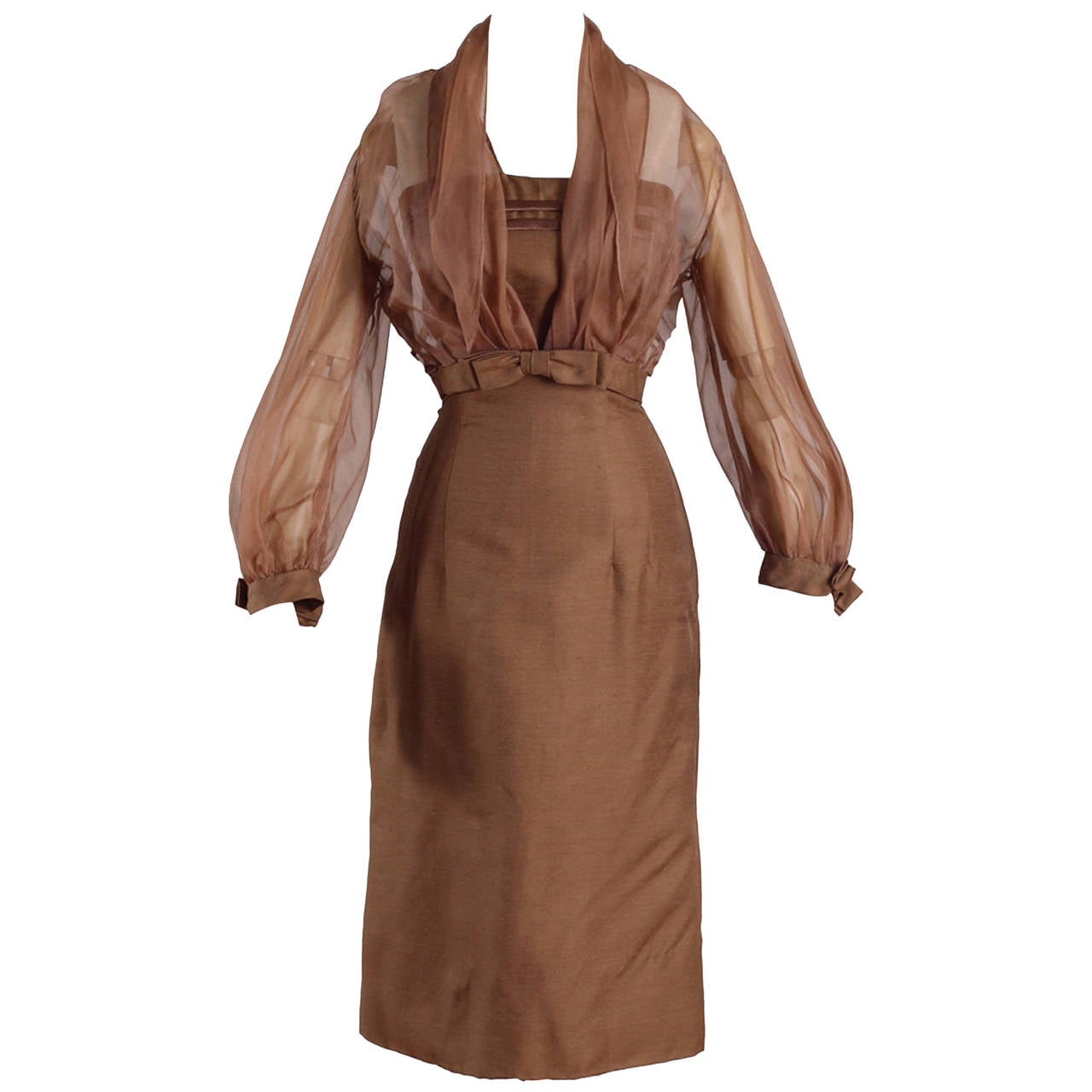 Vintage 1950s Bronze Silk Dupioni Dress with Sheer Jacket For Sale