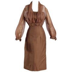 Vintage 1950s Bronze Silk Dupioni Dress with Sheer Jacket