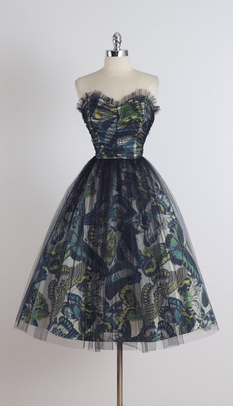 Vintage 1950s Emma Domb Black Butterfly Tulle Party Dress 2