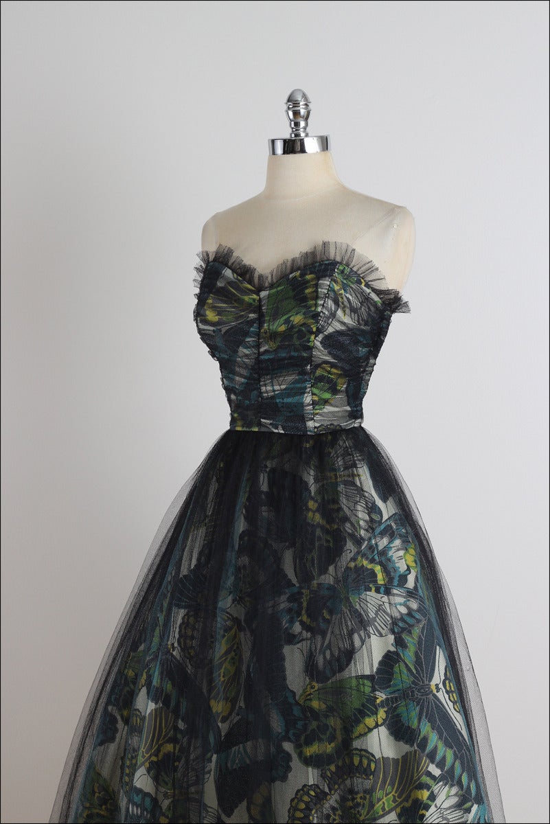 Vintage 1950s Emma Domb Black Butterfly Tulle Party Dress In Excellent Condition In Hudson on the Saint Croix, WI