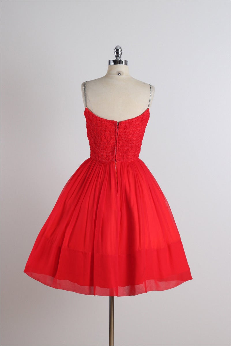 Vintage 1950s Red Crepe Chiffon Rhinestone Dress For Sale 3