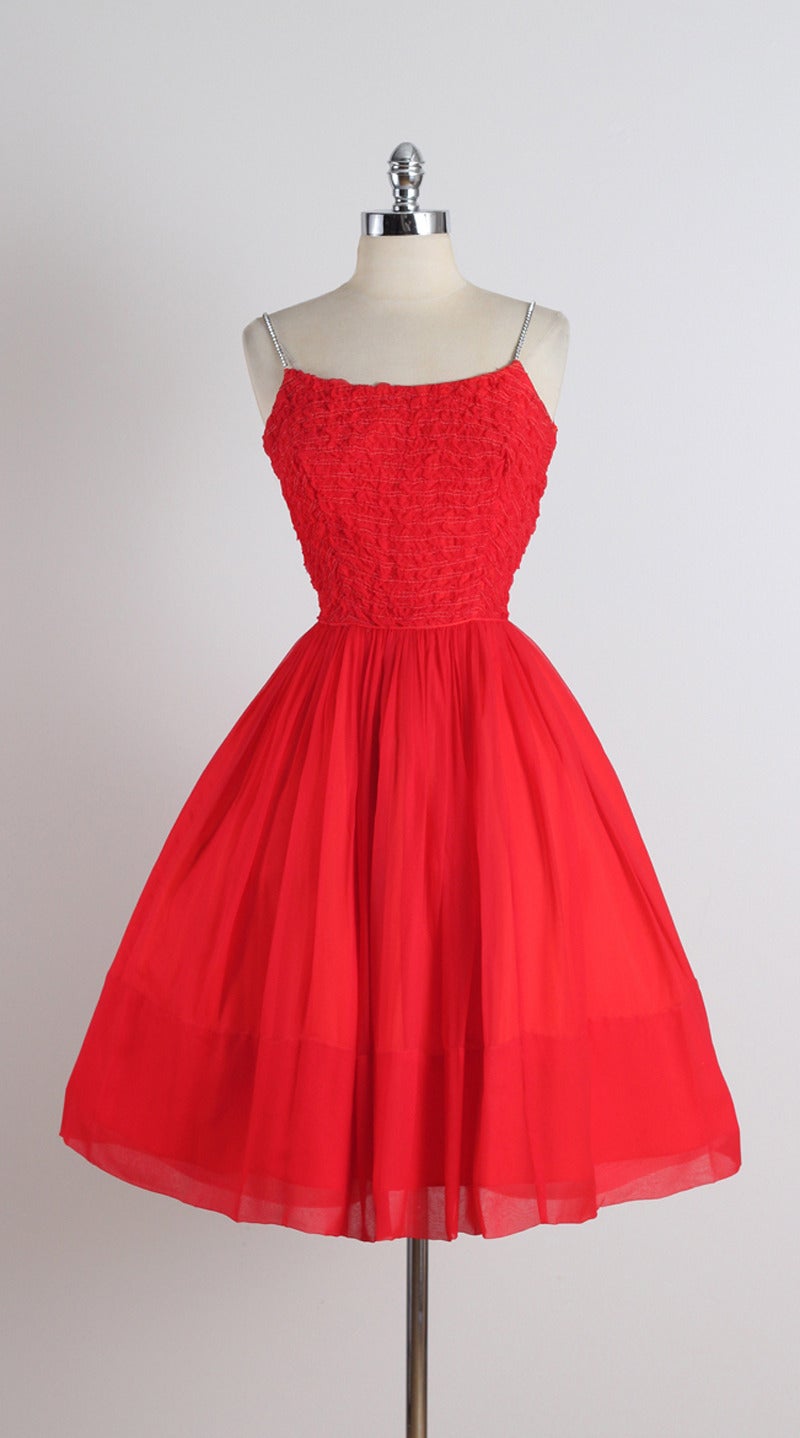 Vintage 1950s Red Crepe Chiffon Rhinestone Dress For Sale 4